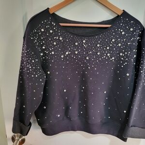 All Saints Black Crew Neck Sweater with Rhinestone Accents S